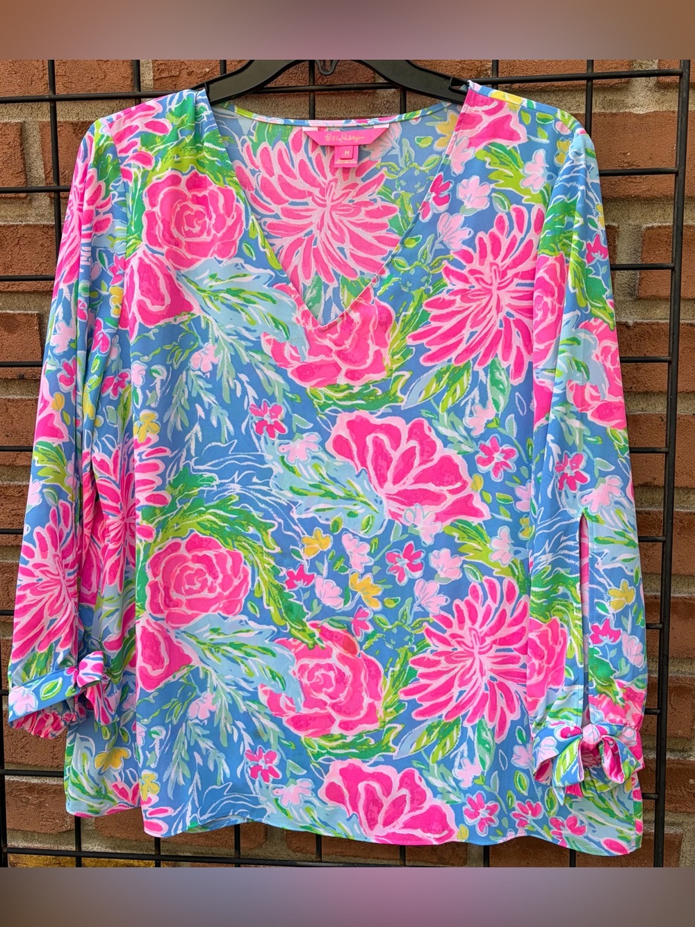 Lilly Pulitzer Pamela Blouse Blue Floral V-Neck with Pink Accents